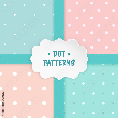 Set of polka dot seamless patterns with a paper shape label and stitched ribbons. Baby shower invitation background, children's clothes pattern, room wallpaper, scrapbook cover or a gift wrap. Vector
