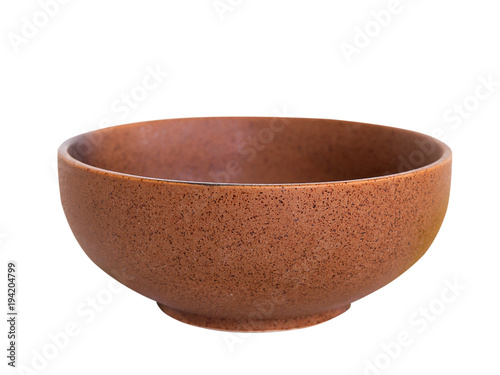 Brown ceramic bowl on white background.