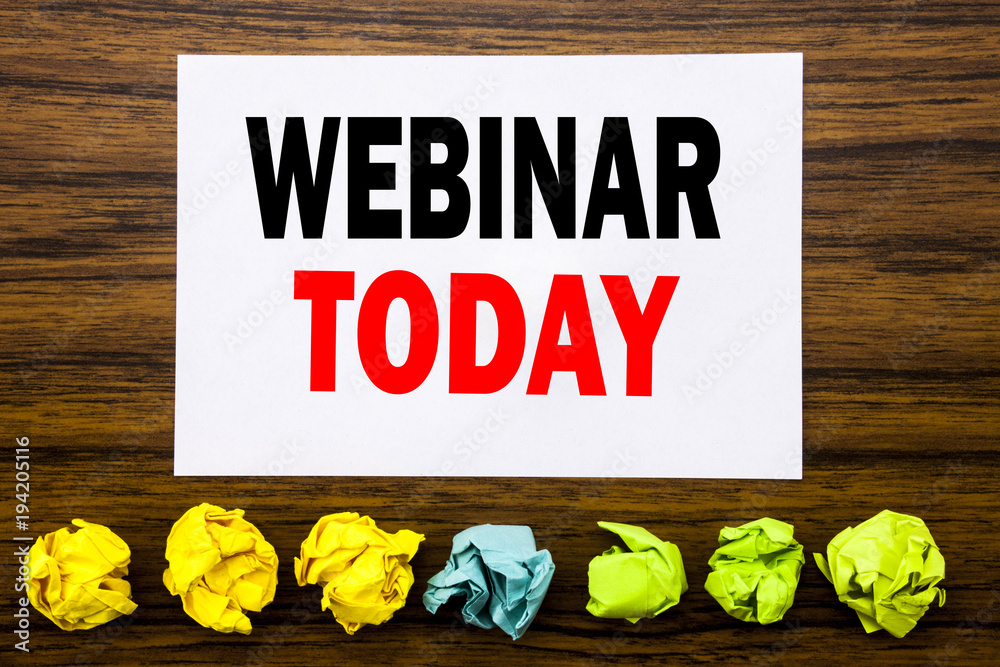 Naklejka premium Hand writing text caption inspiration showing Webinar Today. Concept for Online Education Event Written on sticky note , with sticky, one folded paper alone for difference or collaboration