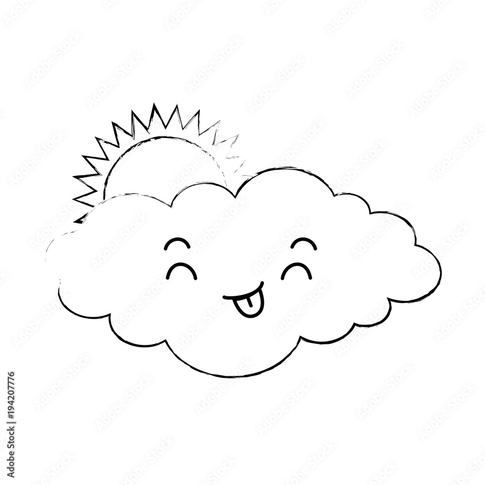 cute cloud with sun kawaii character vector illustration design