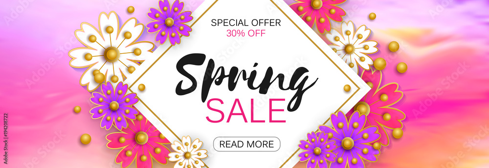 Spring sale background banner with beautiful colorful flower. Vector illustration.