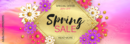 Spring sale background banner with beautiful colorful flower. Vector illustration.