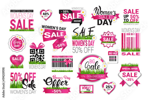 Big Set Of Sale Stickers For International Womens Day Special Offer Signs Template Badges Promotion Isolated Vector Illustration