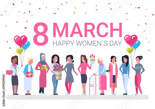 Group Of Diverse Women, Holiday Decoration Banner For 8 March Vector Illustration