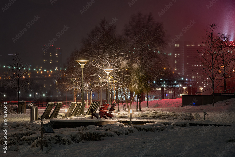 New York City during the winter storm. View of Gantry Park in Long Island City. New York City during the winter storm. View of Gantry Park in Long Island City.