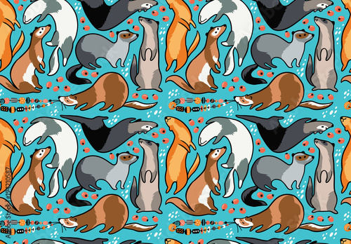 Seamless pattern of cartoon ferrets with beads and berries. Vector illustration
