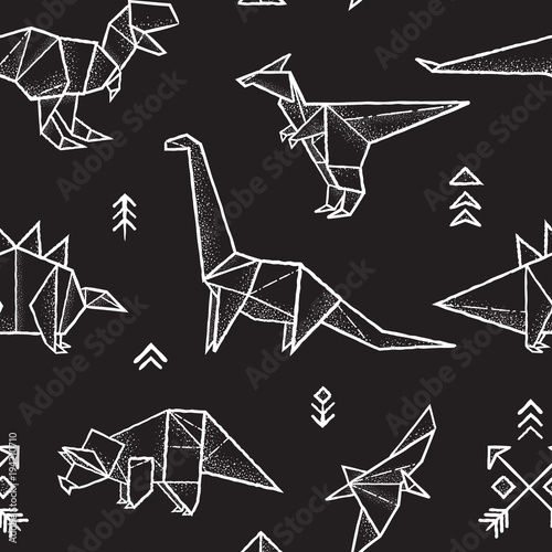 Origami dinosaurs seamless pattern in black and white colors. Hand drawn vector illustration