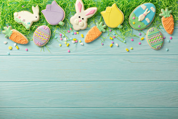 Easter cookies on blue table