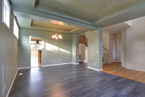 Spacious empty interior with dark grey hardwood floor