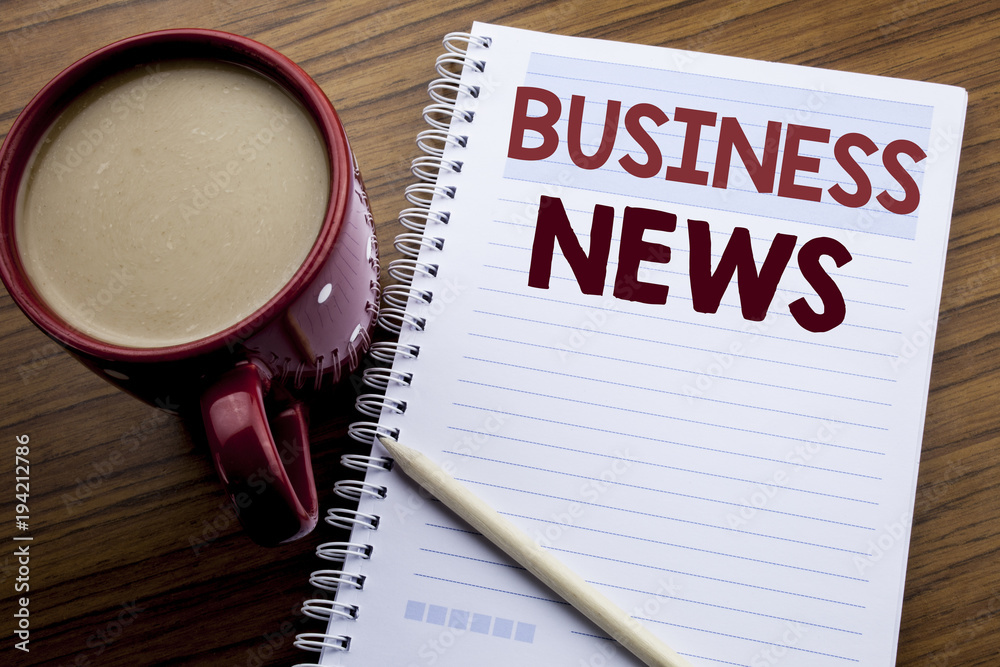 Hand writing text caption inspiration showing Business News. Business  concept for Modern Online News written on note paper notepad book on the  wooden background with coffee and pen. Stock Photo | Adobe