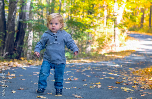 Toddler Walking on a Road in Autumn