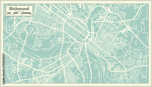 Fotografie, Obraz Richmond Virginia USA City Map in Retro Style. Outline Map.