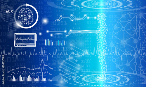 abstract background technology concept in blue light,brain and human body heal ,technology modern medical science in future and global international medical with tests analysis clone DNA human