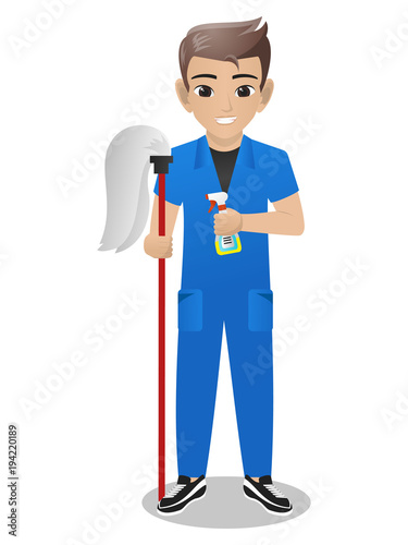 Male office Boy Holding Mop and Spray / Sprayer