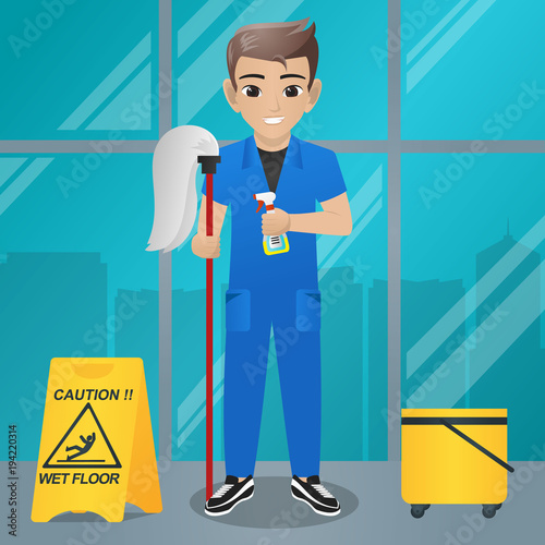Male office Boy Holding Mop and Spray / Sprayer