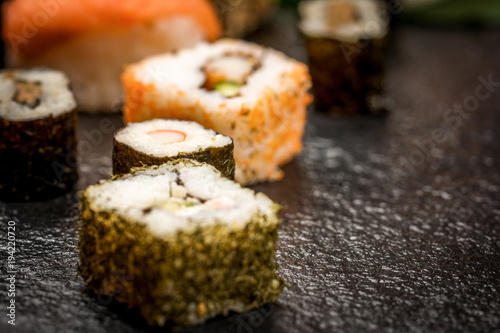 Sushi rolls hosomaki and uramaki