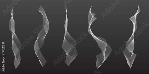 Polygonal vector smoke trail set. Foggy black and white grunge wave trails with smoky effect illustration. Useful for background or overlay.