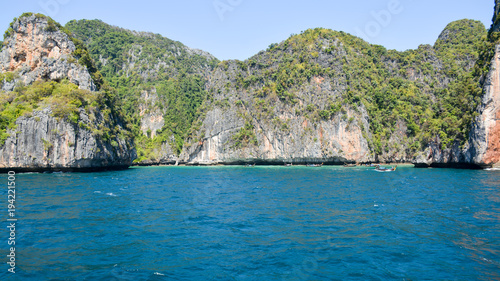 The island of Phi Phi.Island view from a boat on the sea background.Thailand