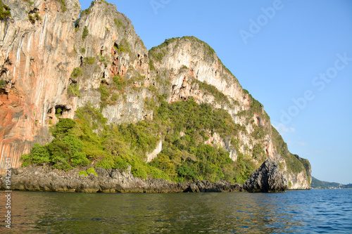 The island of Phi Phi.Island view from a boat on the sea background.Thailand