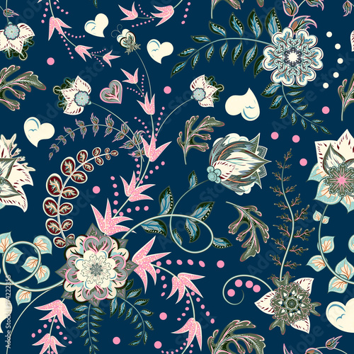 Fototapeta Naklejka Na Ścianę i Meble -  Fashion seamless texture with fantasy flowers. Vector hand drawing seamless pattern. Pink gray floral pattern on blue background.