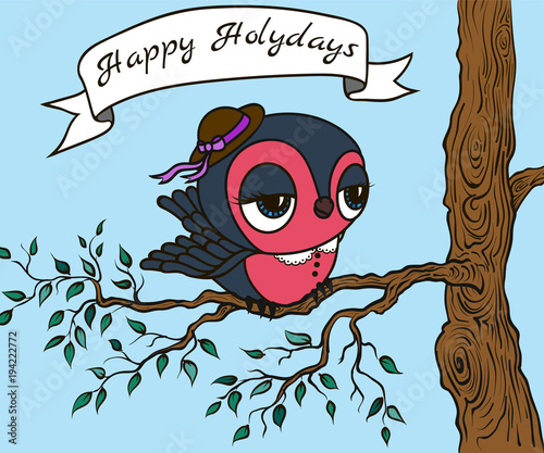 Bullfinch wearing a Hat on Branch with leaves. Vector Illustration