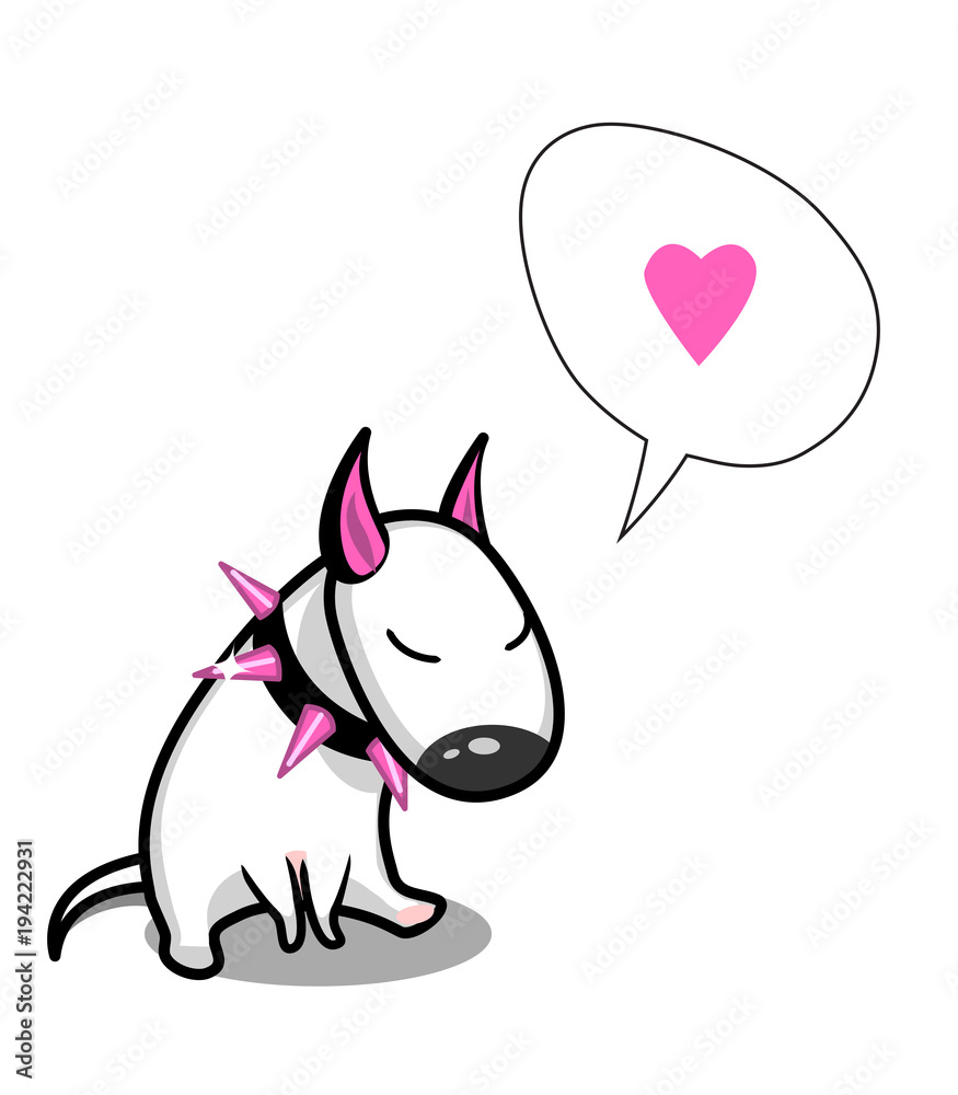 Cute vector cartoon dog. White Bull Terrier in love. Speech bubble with heart inside. Cute vector cartoon dog. White Bull Terrier in love. Speech bubble with heart inside.