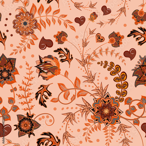 Fototapeta Naklejka Na Ścianę i Meble -  Seamless floral pattern. Hand draw vector Illustration. Seamless background with flowers. Orange brown beige.