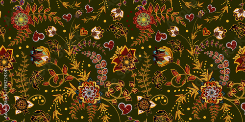 Fototapeta Naklejka Na Ścianę i Meble -  Seamless floral pattern. Hand draw vector Illustration. Seamless background with flowers. Bright colorful flowers on green backdrop.