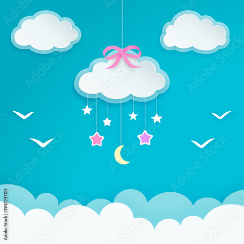 Wallpaper Mural Blue sky with hanging cloud with pink bow, crescent moon, stars and birds silhouettes. Paper cloud shape labels. Children's room or baby nursery decor. Minimal and elegant decorative wallpaper. Vector Torontodigital.ca