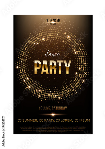 Dance party flyer template. Golden words, spot lights and glitter on dark brown background.