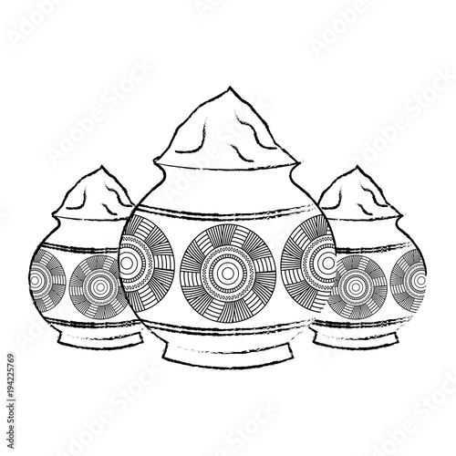 three powder color mud pot and mandala vector illustration   sketch style design