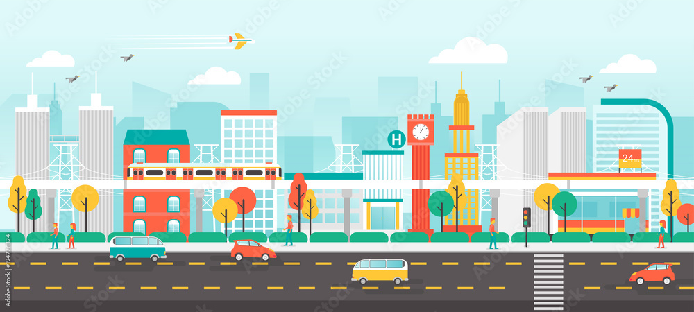 Urban landscape with contemporary buildings, people and traffic, City life Concept, Flat style vector illustration.