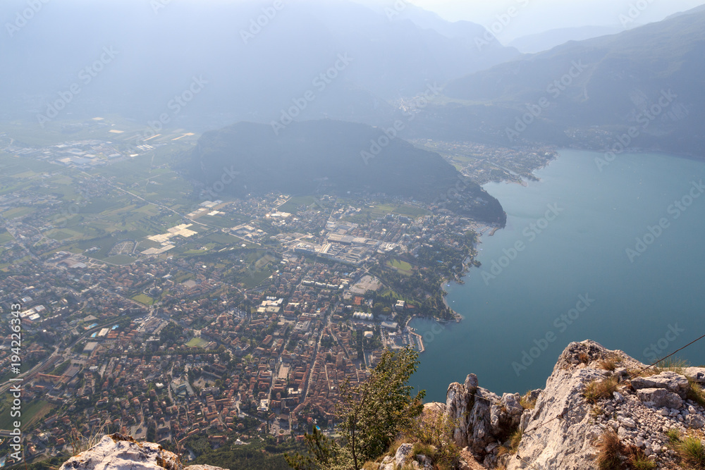 Riva del Garda town panorama at Lake Garda and mountains, Italy
