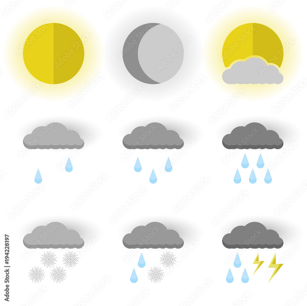 Vector image of set of weather icons, sun, moon and sun behind the clouds. Flat. White background