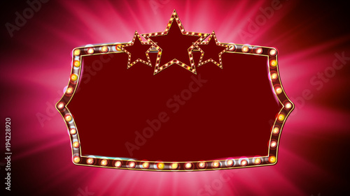 Gold Frame Light Bulbs Vector. Red Background. Lamp Star Frame. Retro Frame Design Element Board. Marquee Banner. Space For Text. Illustration