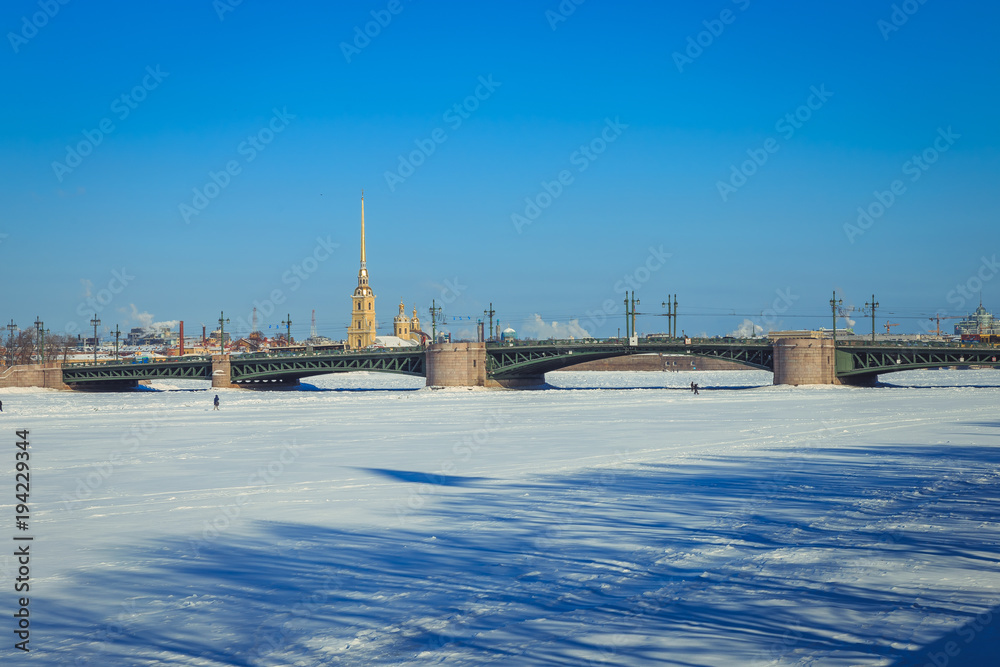 Panorama of the Palace Bridge in St. Petersburg in winter