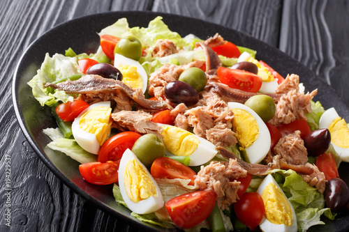 nicoise salad of tuna, anchovies, eggs, tomatoes, green beans, olives and lettuce close-up on a plate. horizontal