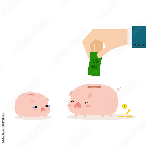 a little piggy bank is crying because a big piggy bank is getting a banknote. money concept and copy space design. funny concept. vector illustration.