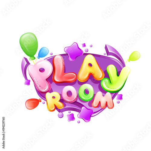 Vector kids play room cartoon poster, banner template, purple frame. Children, baby playground playroom, game education fun area design. Colorful isolated background illustration bubble air balloon