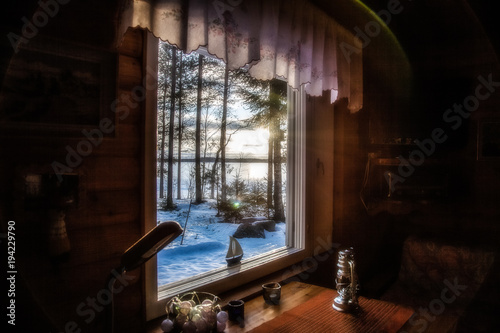 Window in the house overlooking the winter landscape