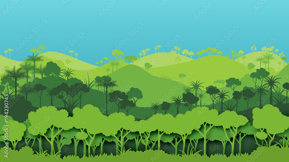 Naklejka premium Zielona sylwetka las krajobraz tło. Koncepcja ochrony przyrody i środowiska stylu sztuki papieru. Ilustracja wektorowa.