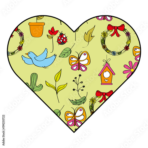 heart decoration season spring leaves flower bird butterfly elements vector illustration