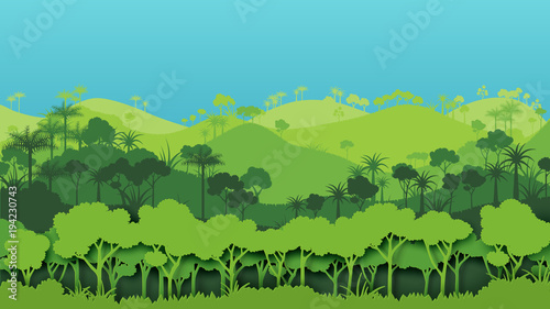 Green silhouette forest landscape background.Nature and environment conservation concept of paper art style.Vector illustration.