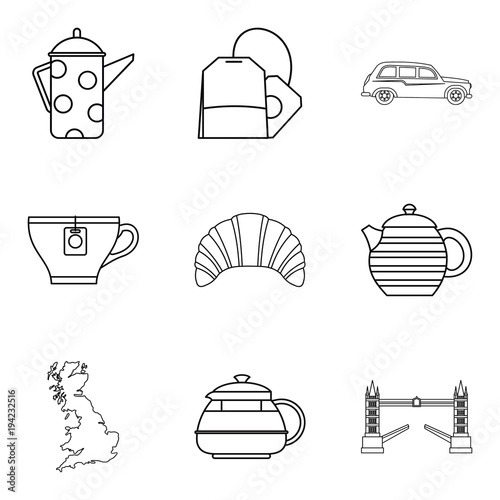 Tea place icons set, outline style
