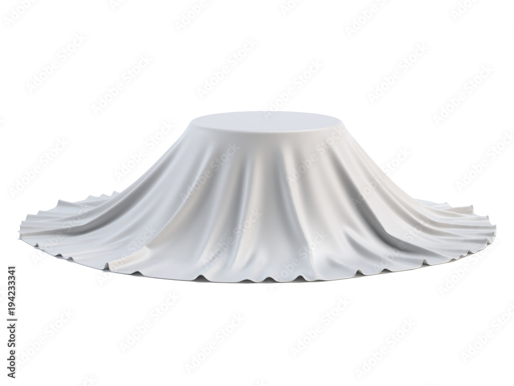 Round podium covered with white sheet isolated on white background, presentation pedestal 3d rendering Round podium covered with white sheet isolated on white background, presentation pedestal 3d rendering
