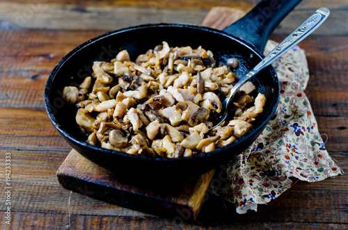Chicken (turkey) and mushrooms fried with onions in a frying pan
