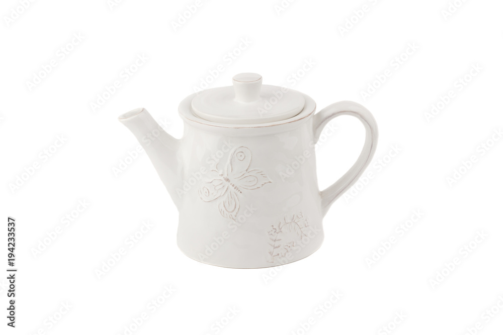 White ceramic teapot for coffee or tea, white background