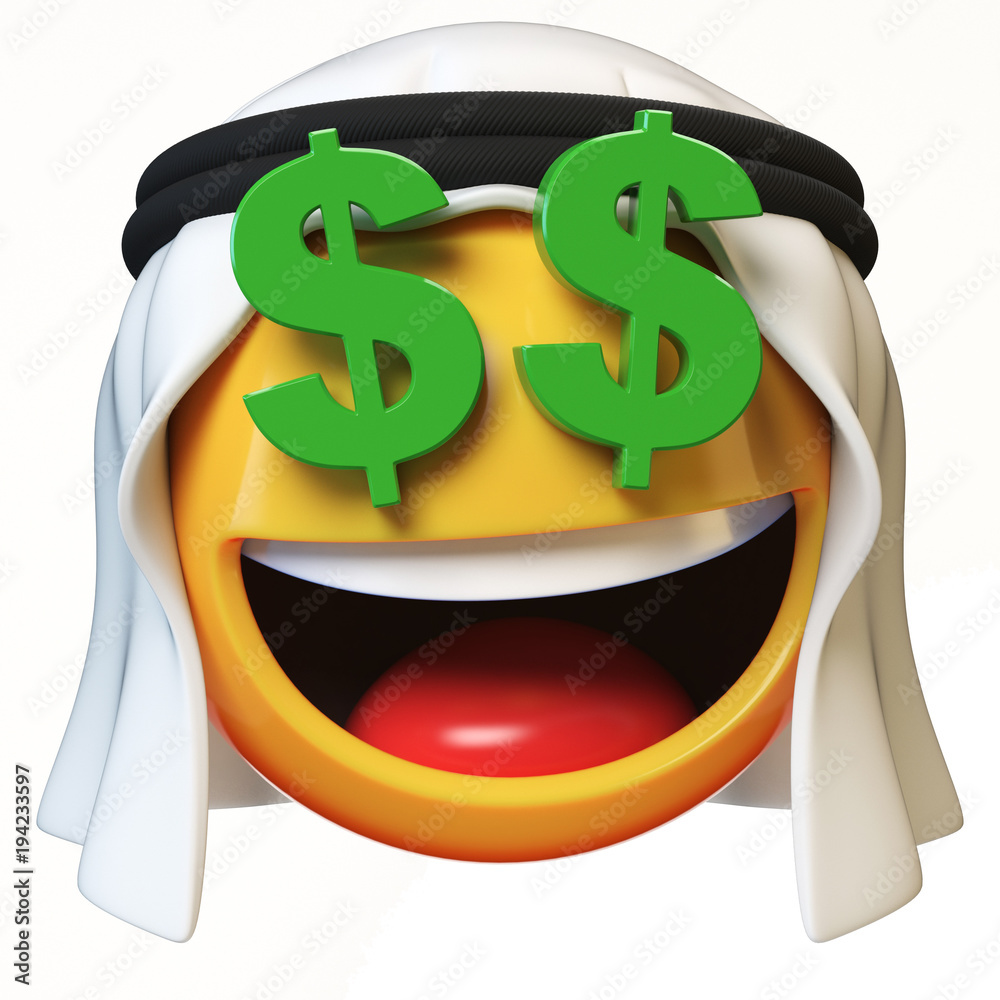 Rich Arab emoji isolated on white background, dollar eyes Arabian