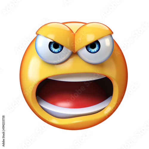 Angry emoji shouting isolated on white background, mad emoticon yelling 3d rendering