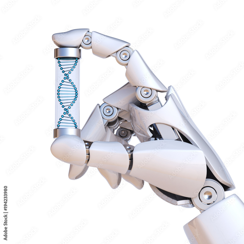 Robotic hand holding DNA sample, artificial intelligence concept ...